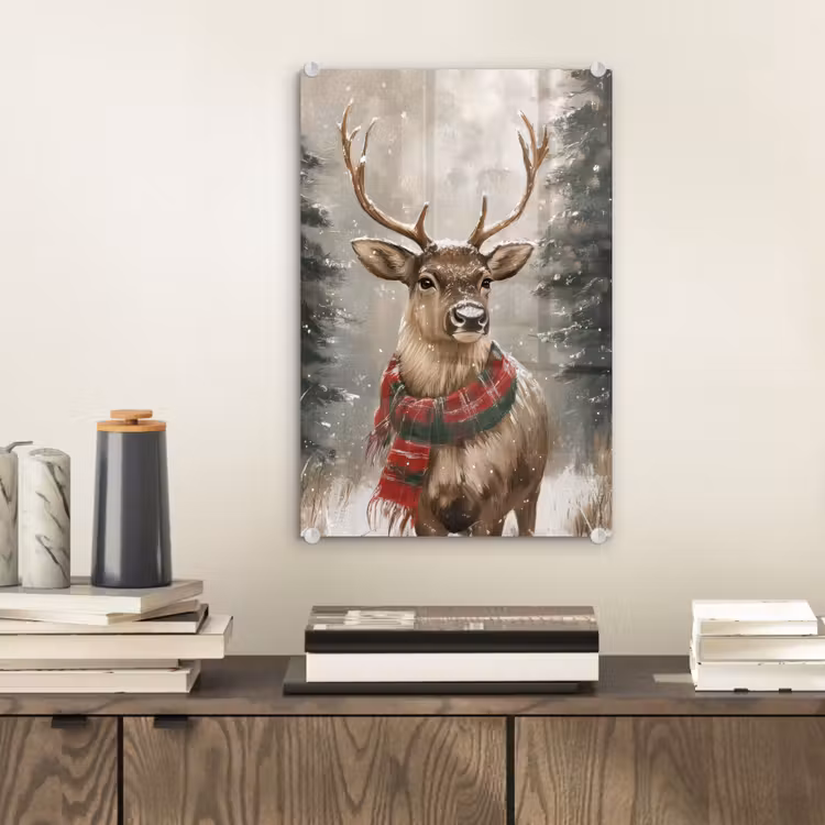 Glas schilderij - Winter - Bos - Rendier - Donker — 2