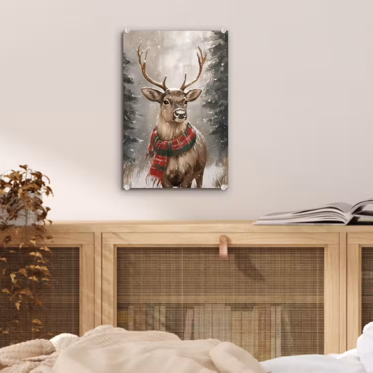Glas schilderij - Winter - Bos - Rendier - Donker — 5