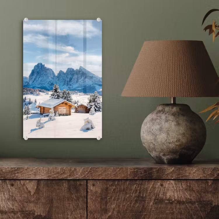 Glas schilderij - Winter - Huisje - Bergen - Uitzicht - Sneeuw — 4