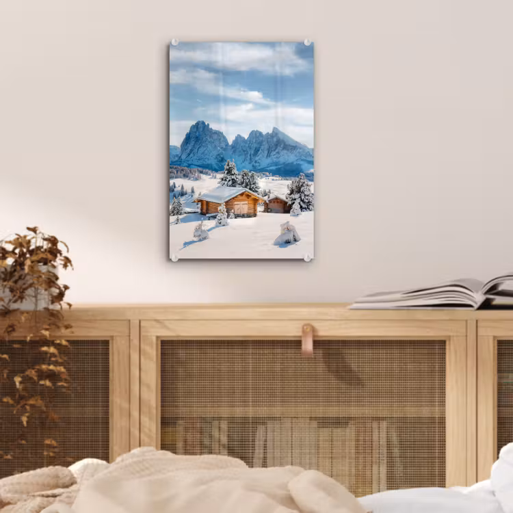 Glas schilderij - Winter - Huisje - Bergen - Uitzicht - Sneeuw — 5
