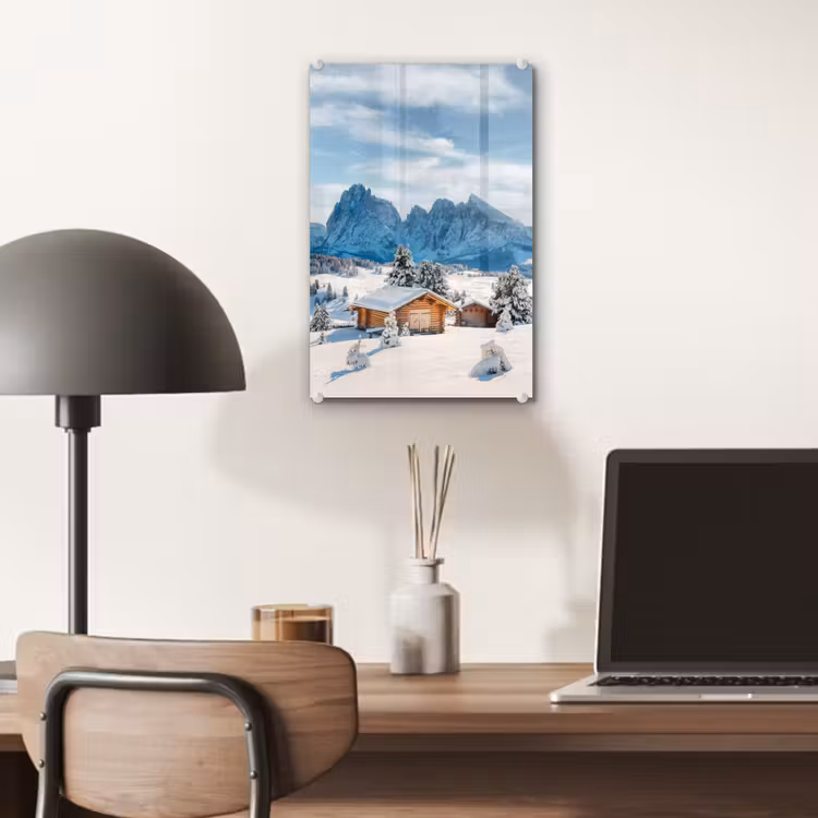 Glas schilderij - Winter - Huisje - Bergen - Uitzicht - Sneeuw — 7