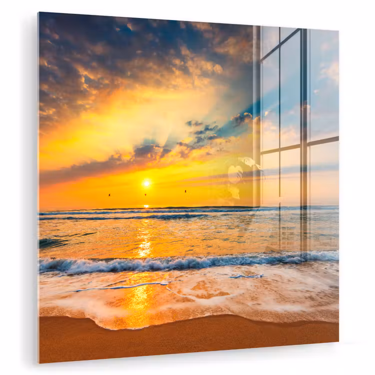 Glas schilderij - Zonsondergang - Strand - Zee - Wolken - Oranje — 1