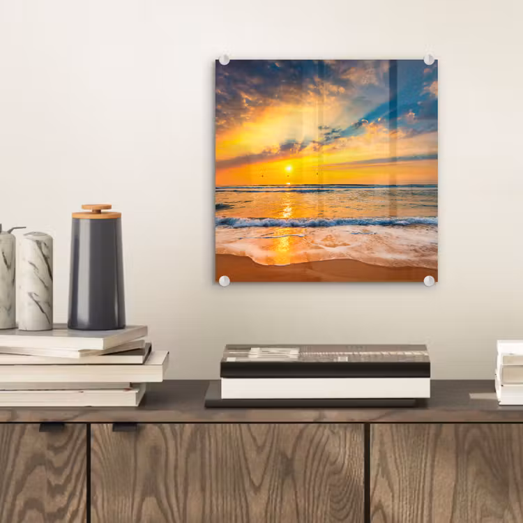 Glas schilderij - Zonsondergang - Strand - Zee - Wolken - Oranje — 2