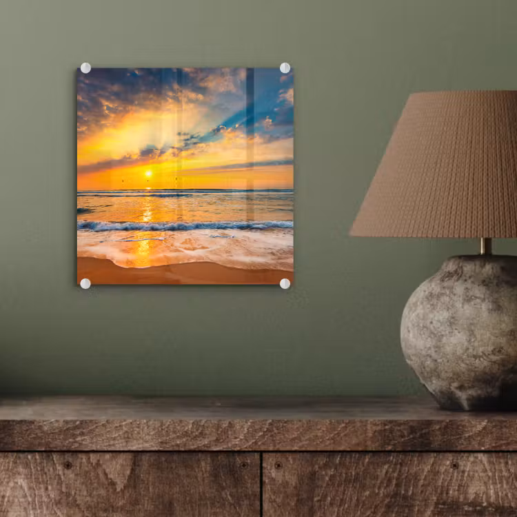 Glas schilderij - Zonsondergang - Strand - Zee - Wolken - Oranje — 4