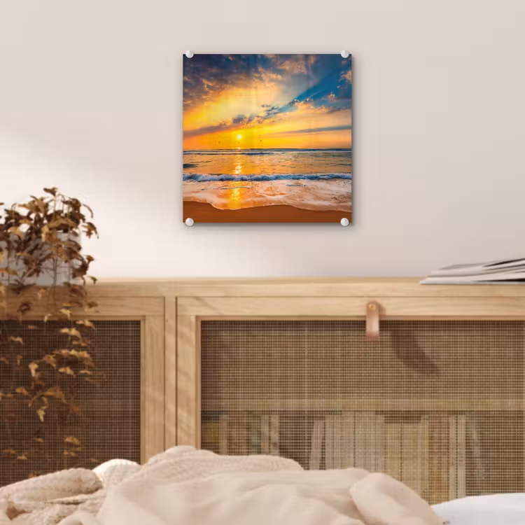 Glas schilderij - Zonsondergang - Strand - Zee - Wolken - Oranje — 5