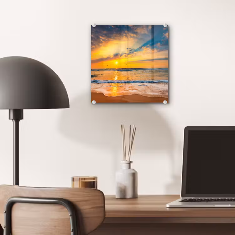 Glas schilderij - Zonsondergang - Strand - Zee - Wolken - Oranje — 7