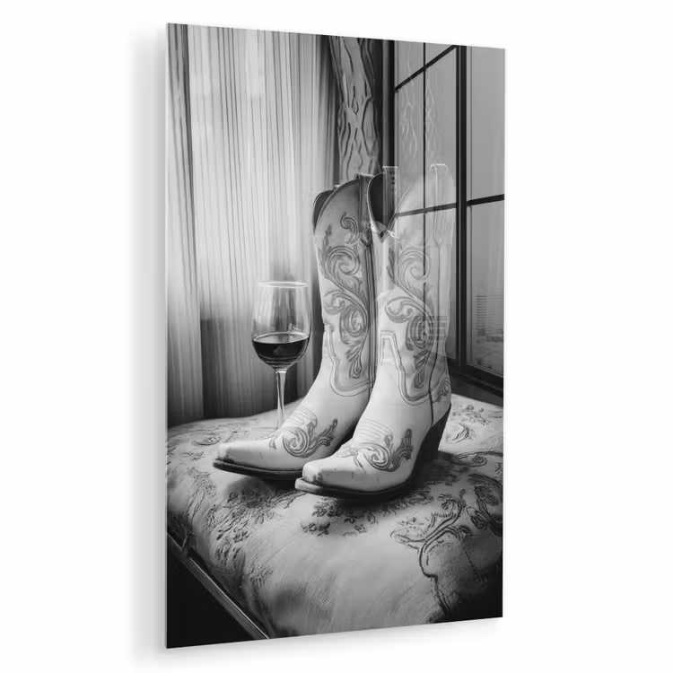 Glas schilderij - Wijn - Cowboylaarzen - Raamlicht - Wit — 1