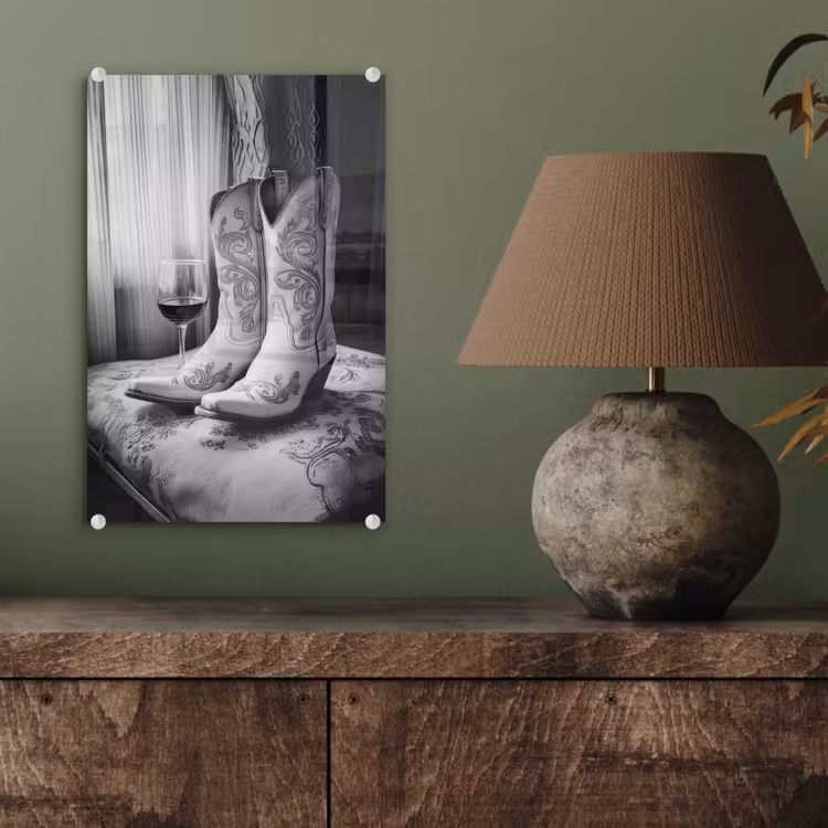 Glas schilderij - Wijn - Cowboylaarzen - Raamlicht - Wit — 4