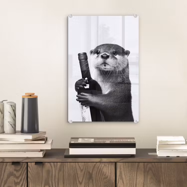 Glas schilderij - Wijnfles - Otter - Zwart — 2