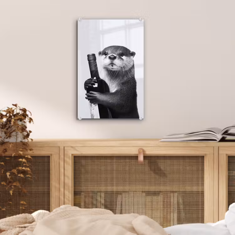 Glas schilderij - Wijnfles - Otter - Zwart — 5