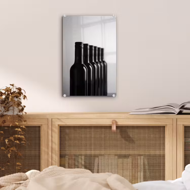 Glas schilderij - Wijnflessen - Zwart - Minimalistisch — 5
