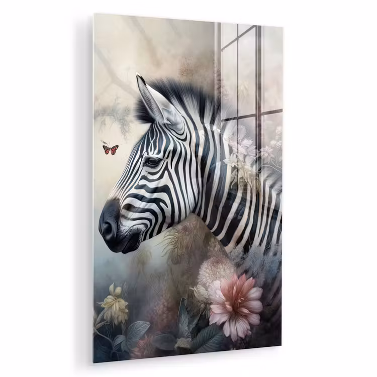 Glas schilderij - Zebra - Wilde dieren - Vlinder - Bloemen — 1