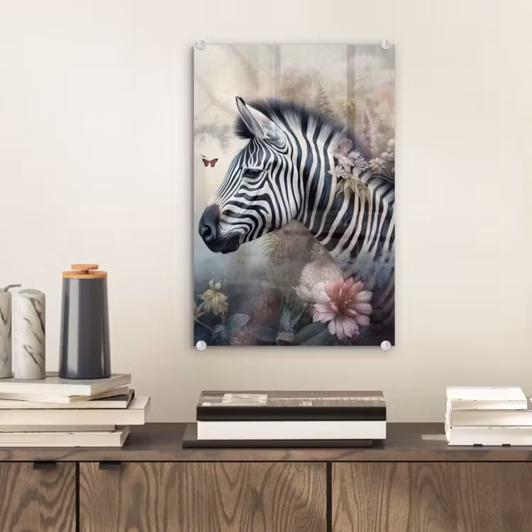 Glas schilderij - Zebra - Wilde dieren - Vlinder - Bloemen — 2