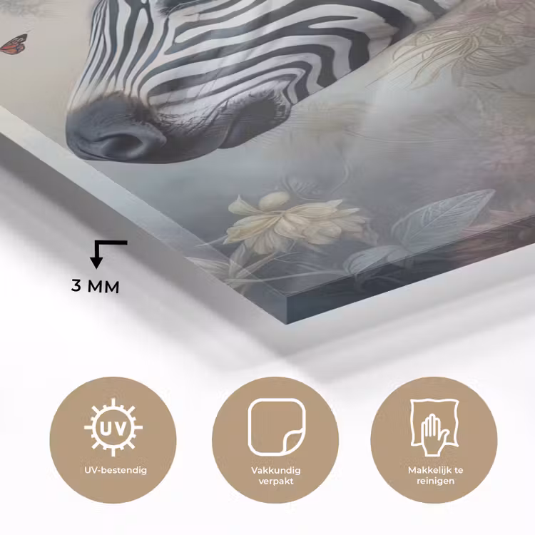 Glas schilderij - Zebra - Wilde dieren - Vlinder - Bloemen — 3