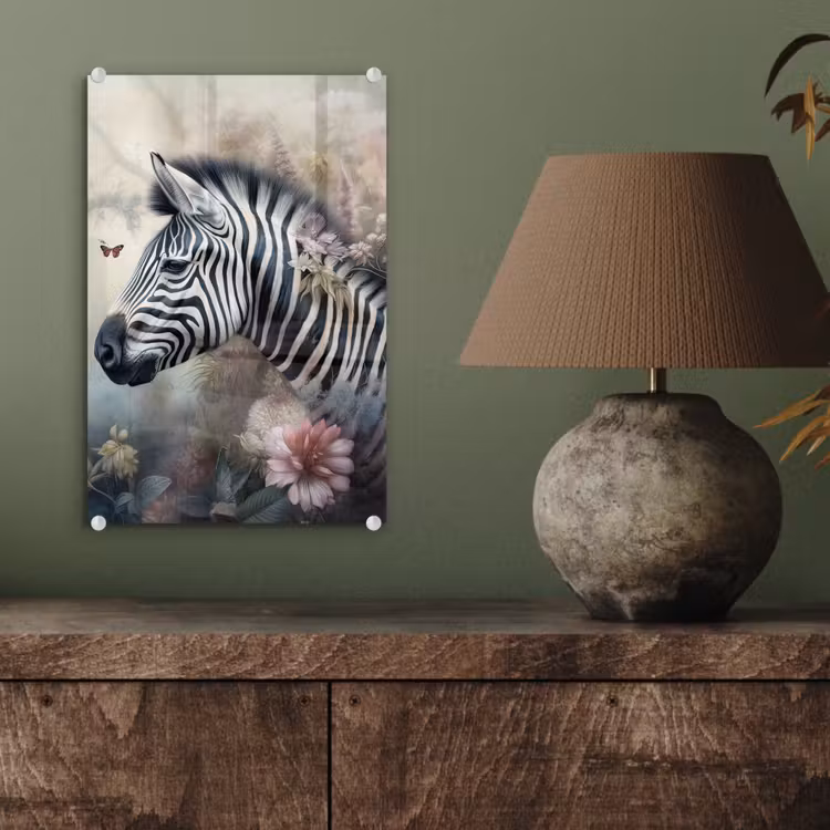 Glas schilderij - Zebra - Wilde dieren - Vlinder - Bloemen — 4