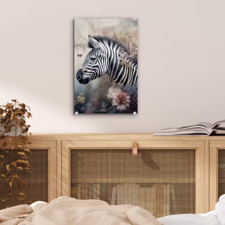 Glas schilderij - Zebra - Wilde dieren - Vlinder - Bloemen — 5