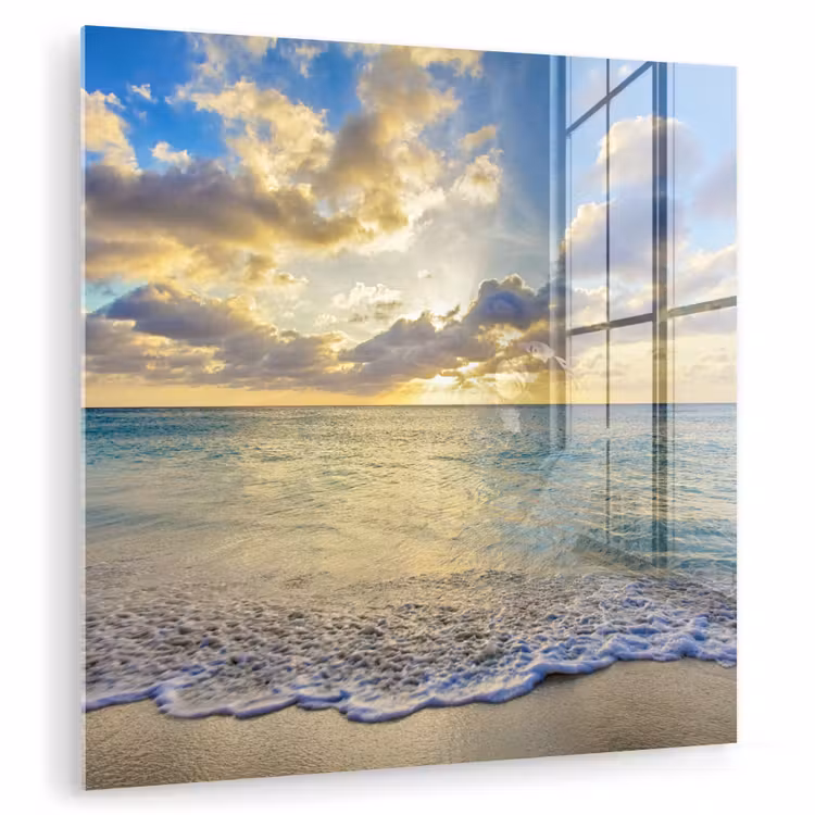 Glas schilderij - Zee - Strand - Wolken - Zon — 1