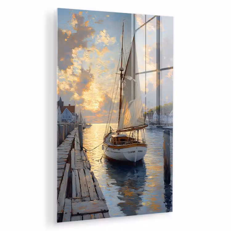 Glas schilderij - Zeilboot - Zon - Pier - Hout — 1