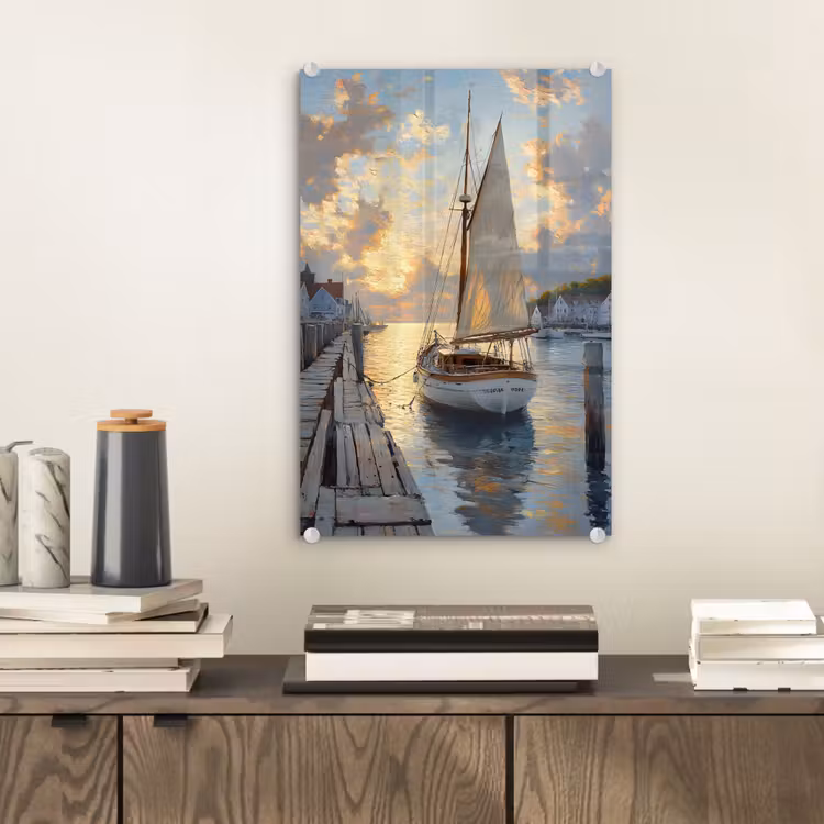 Glas schilderij - Zeilboot - Zon - Pier - Hout — 2