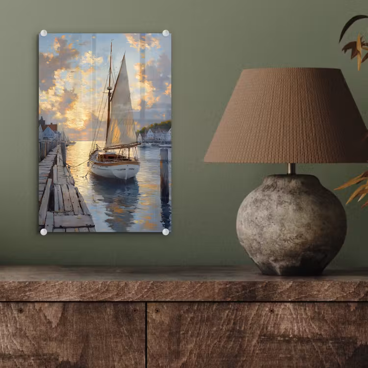 Glas schilderij - Zeilboot - Zon - Pier - Hout — 4