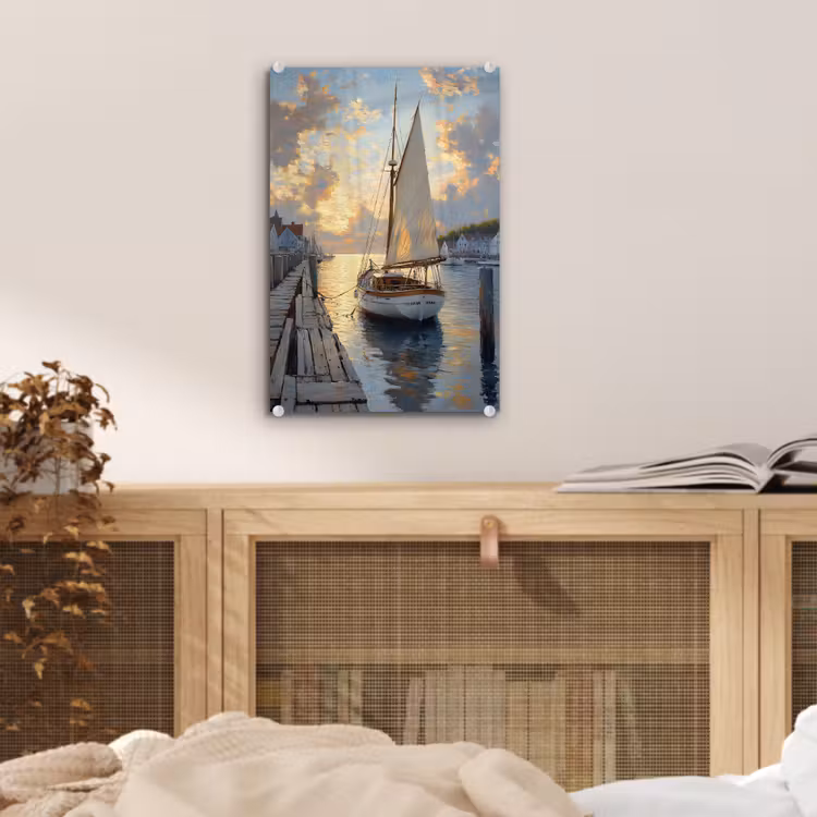 Glas schilderij - Zeilboot - Zon - Pier - Hout — 5