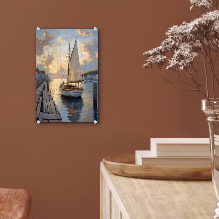 Glas schilderij - Zeilboot - Zon - Pier - Hout — 6