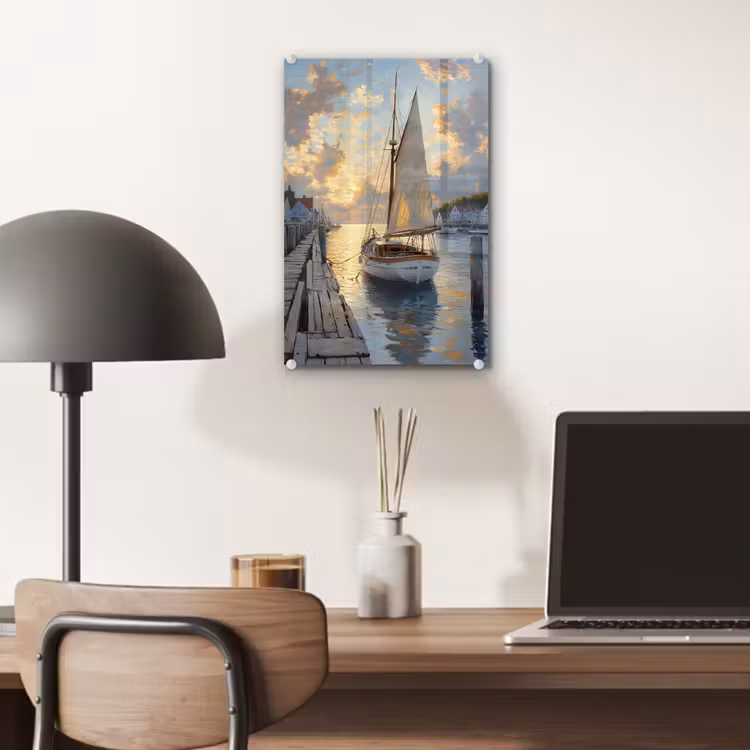 Glas schilderij - Zeilboot - Zon - Pier - Hout — 7
