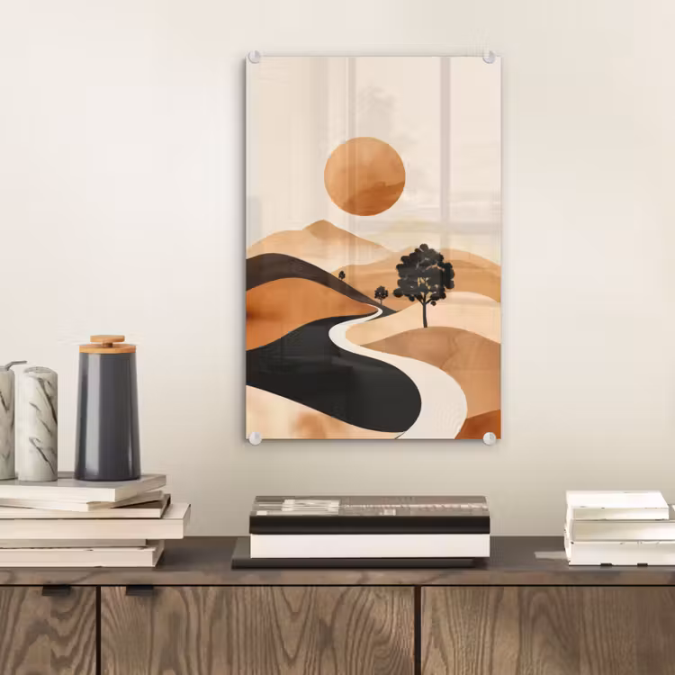 Glas schilderij - Zon - Heuvels - Boom - Abstract — 2