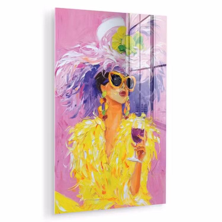 Glas schilderij - Zonnebril - Vrouw - Jas - Veren — 1