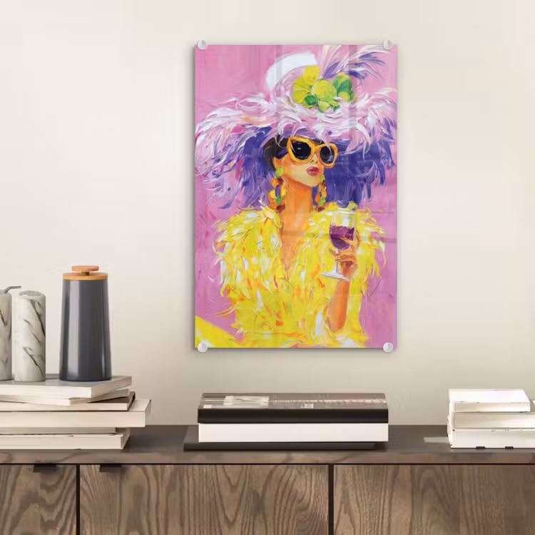 Glas schilderij - Zonnebril - Vrouw - Jas - Veren — 2