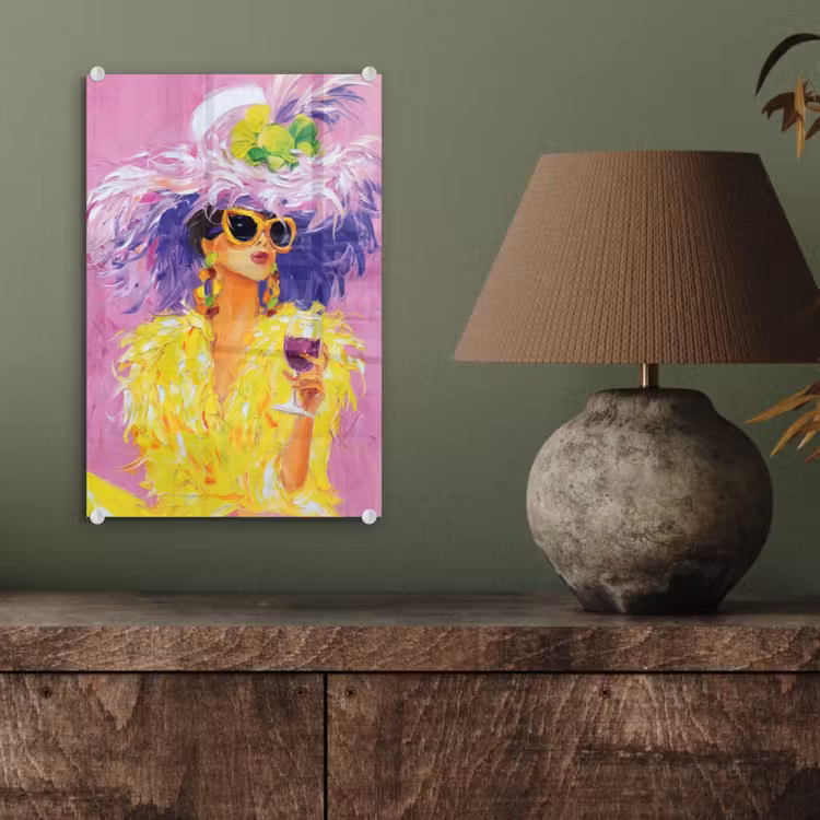 Glas schilderij - Zonnebril - Vrouw - Jas - Veren — 4