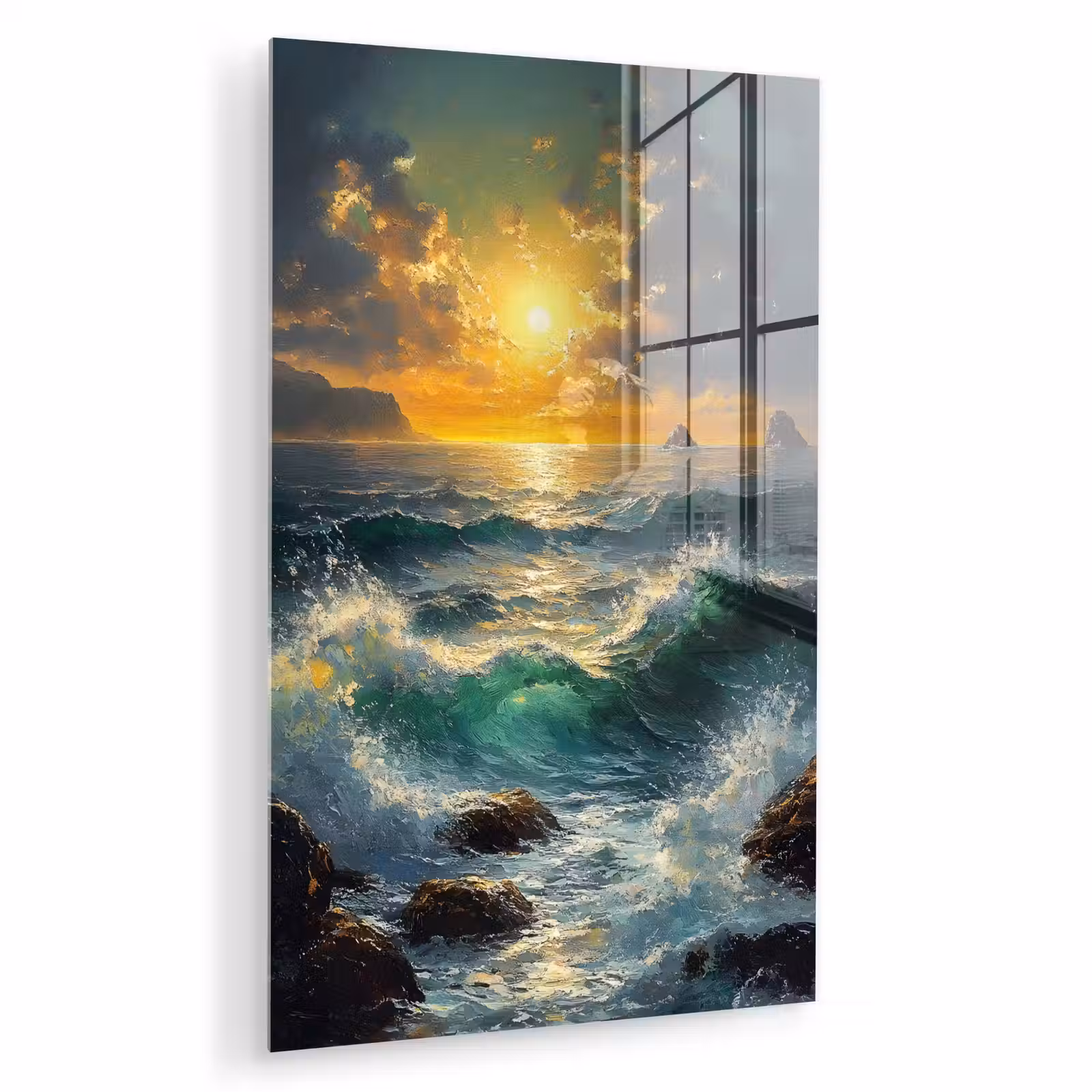 Glas schilderij - Zee - Zon - Golven - Rotsen — 1