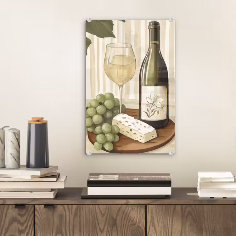 Glas schilderij - Wijn - Druiven - Kaas - Bladeren — 2