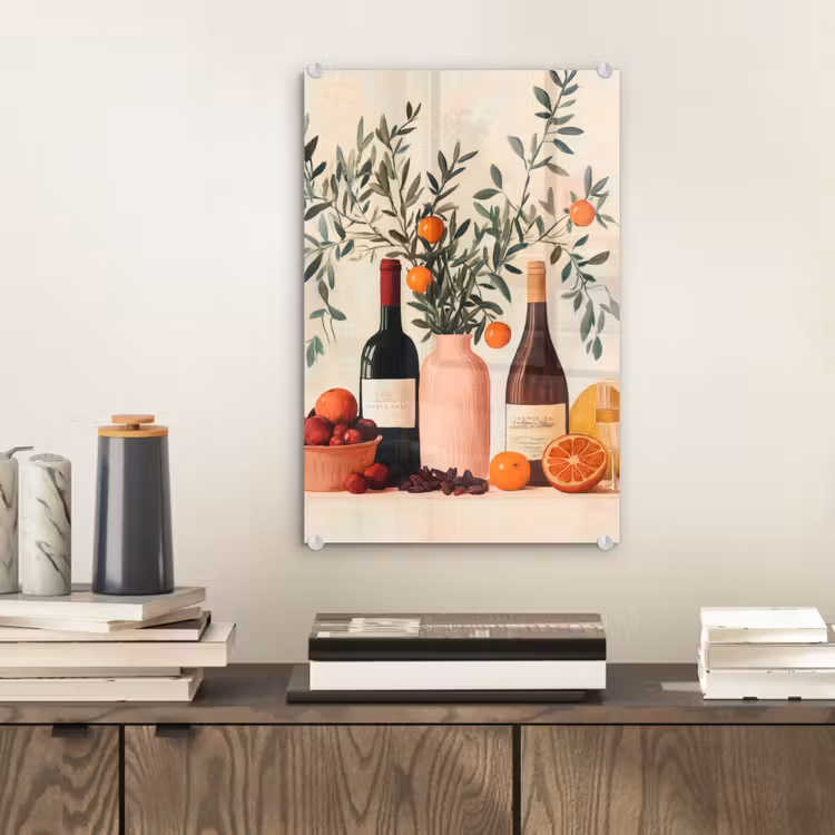 Glas schilderij - Wijnflessen - Takken - Sinaasappels — 2