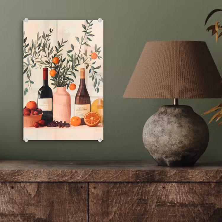 Glas schilderij - Wijnflessen - Takken - Sinaasappels — 4