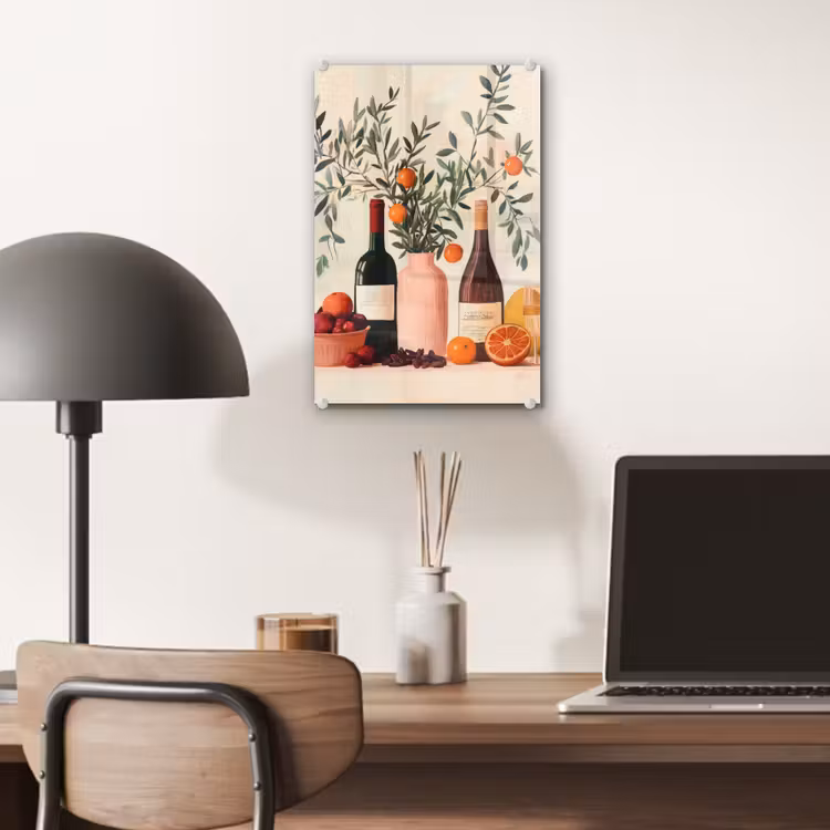 Glas schilderij - Wijnflessen - Takken - Sinaasappels — 7