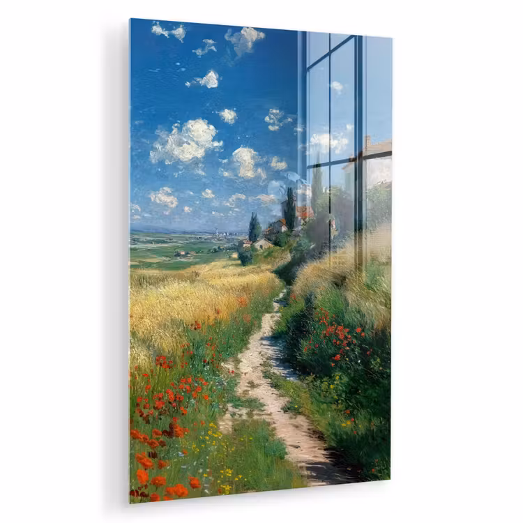 Glas schilderij - Zandpad - Huis - Bomen - Grasveld — 1