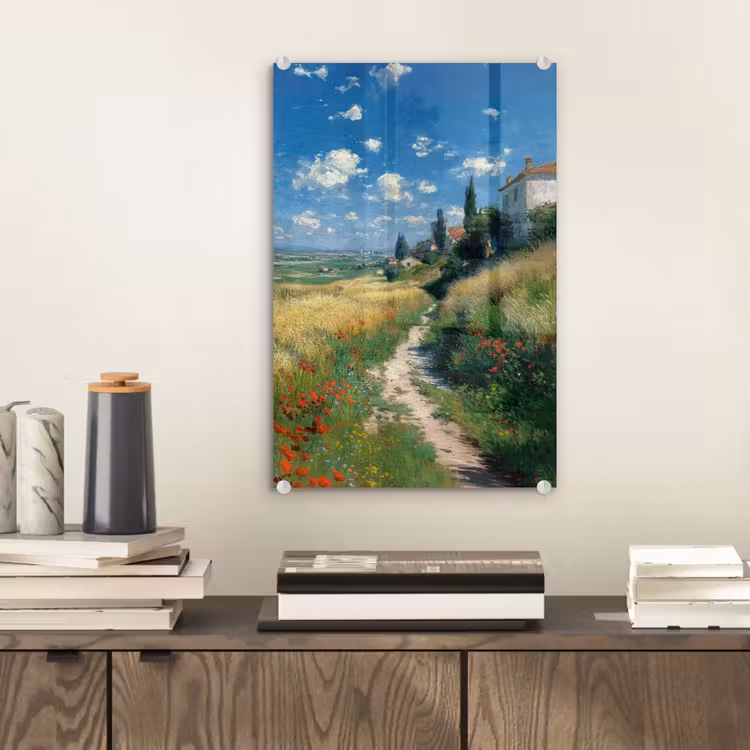 Glas schilderij - Zandpad - Huis - Bomen - Grasveld — 2