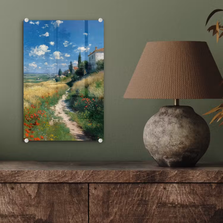 Glas schilderij - Zandpad - Huis - Bomen - Grasveld — 4