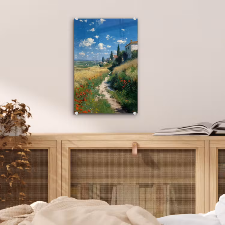 Glas schilderij - Zandpad - Huis - Bomen - Grasveld — 5