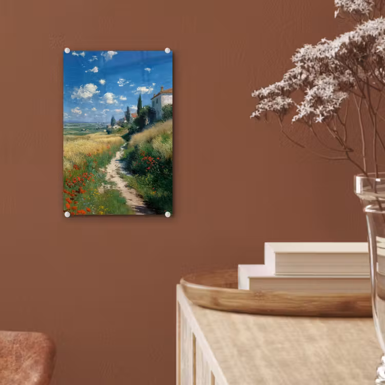 Glas schilderij - Zandpad - Huis - Bomen - Grasveld — 6