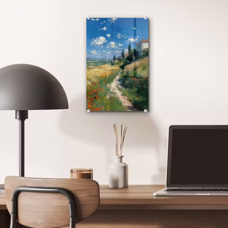Glas schilderij - Zandpad - Huis - Bomen - Grasveld — 7