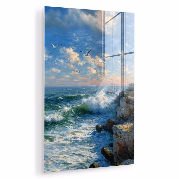 Glas schilderij - Zee - Golven - Rotsen - Meeuwen — 1