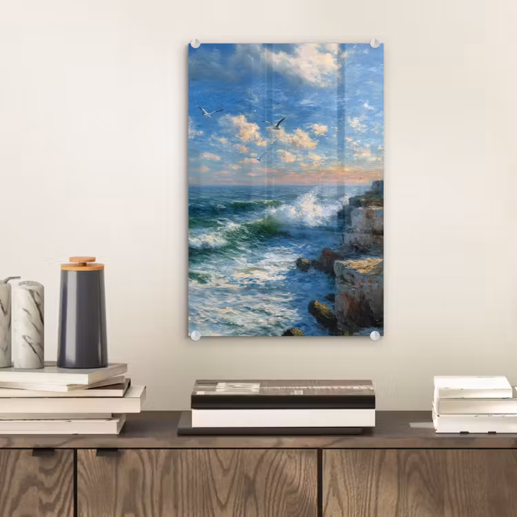 Glas schilderij - Zee - Golven - Rotsen - Meeuwen — 2