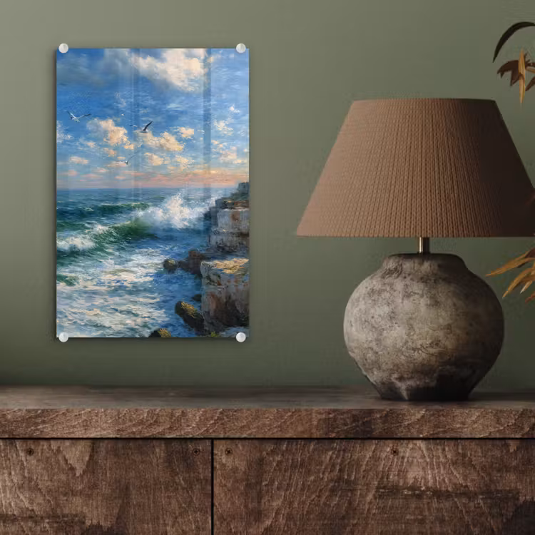 Glas schilderij - Zee - Golven - Rotsen - Meeuwen — 4