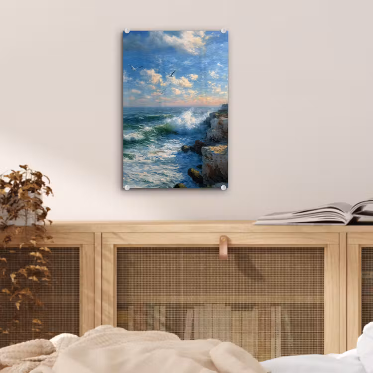 Glas schilderij - Zee - Golven - Rotsen - Meeuwen — 5