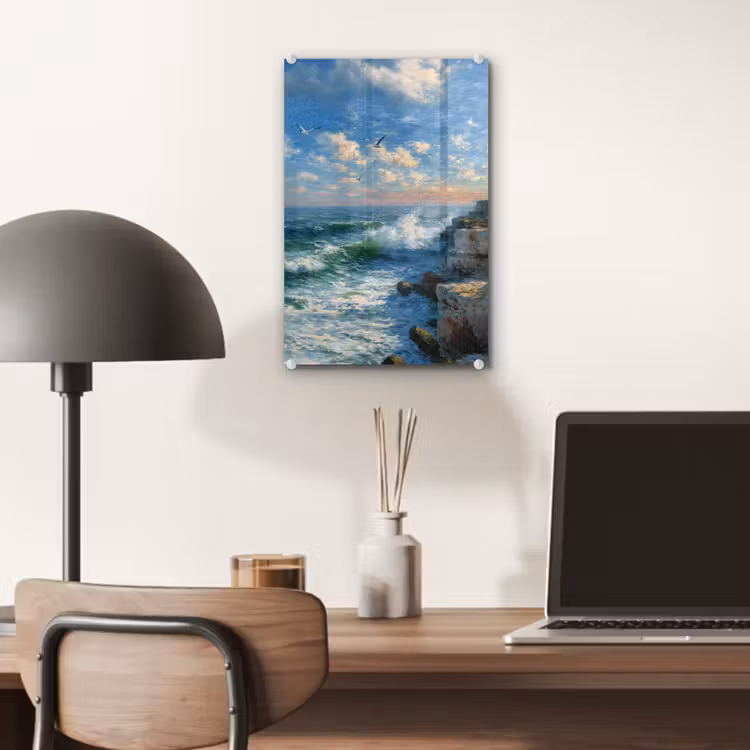 Glas schilderij - Zee - Golven - Rotsen - Meeuwen — 7