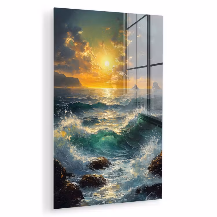 Glas schilderij - Zee - Zon - Golven - Rotsen — 1