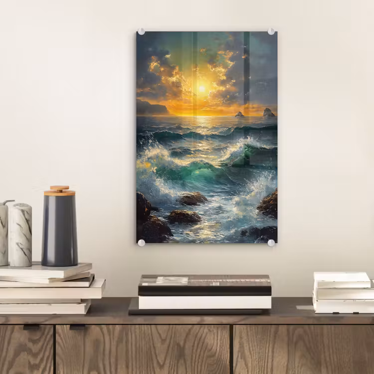 Glas schilderij - Zee - Zon - Golven - Rotsen — 2