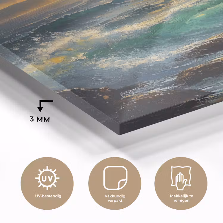 Glas schilderij - Zee - Zon - Golven - Rotsen — 3